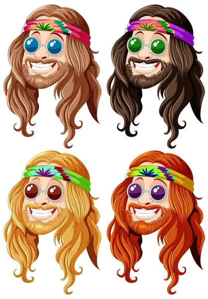 Quatro Coloridas Sorridentes Ilustrações Caráter Hippie — Vetor de Stock