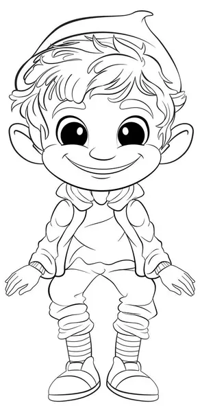 Desenho Preto Branco Uma Criança Elfo Feliz Gráficos De Vetores