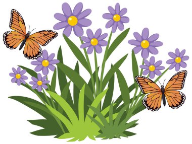 Mor çiçeklerin üzerinde uçuşan renkli kelebekler