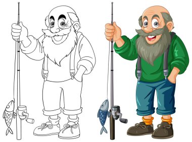 Çizgi filmdeki balıkçı elinde olta ve balık tutuyor..