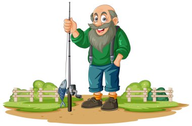 Neşeli yaşlı adam, yakaladığı balıkları gösteriyor..