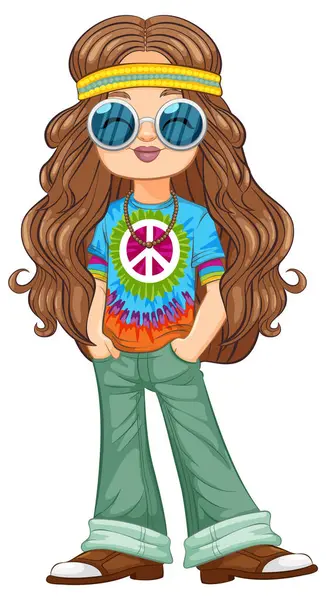 Coloré Fille Hippie Style Rétro Tenue Vibrante — Image vectorielle