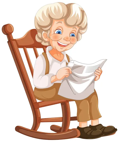 Elderly Woman Reading Happily Wooden Rocker — Stock Vector