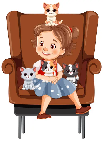 Feliz Joven Sentada Con Tres Gatitos Adorables Ilustración De Stock