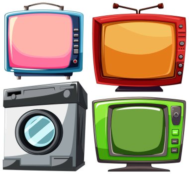 Renkli eski televizyonlar ve kamera illüstrasyonları.