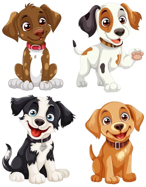 Çeşitli ifadeler gösteren dört sevimli animasyon köpeği..