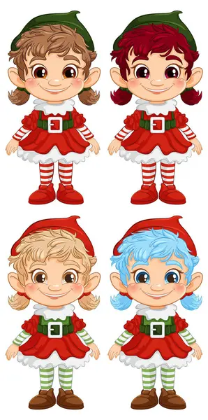 Four Cheerful Elves Various Festive Outfits — Stock Vector