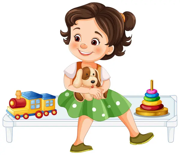 Sorrindo Menina Segurando Cachorro Com Brinquedos Nas Proximidades — Vetor de Stock