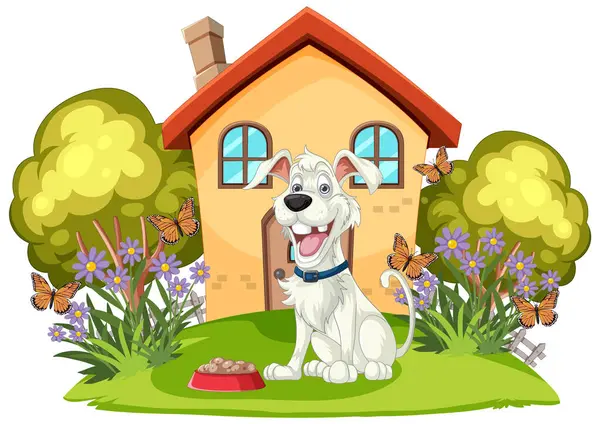 stock vector Cheerful dog sitting by its house and food bowl.