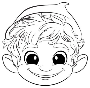 Mutlu bir elf çocuğunun siyah beyaz çizimi.