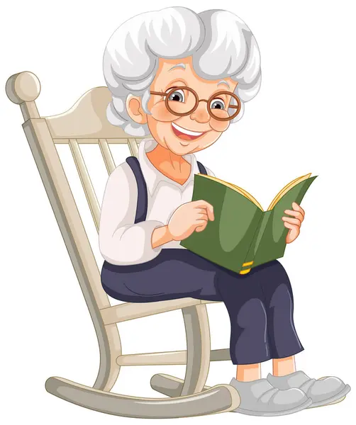 Elderly Woman Smiling Reading Book Rocking Chair — Stock Vector
