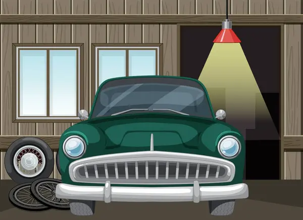Классический Зеленый Автомобиль Припаркованный Деревянном Гараже Стоковая Иллюстрация