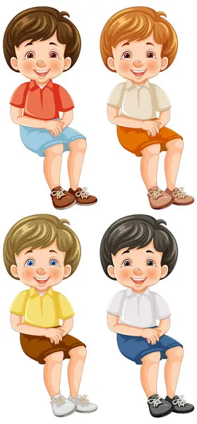 Čtyři Veselí Animovaní Chlapci Sedí Usmívají Royalty Free Stock Vektory