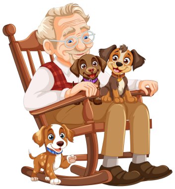 Yaşlı adam iki sevimli köpek yavrusuyla oturuyor.