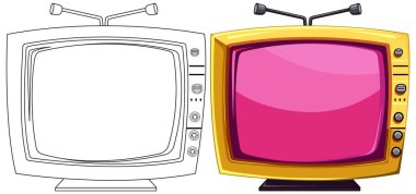 Renkli ekranları ve antenleri olan iki eski televizyon.