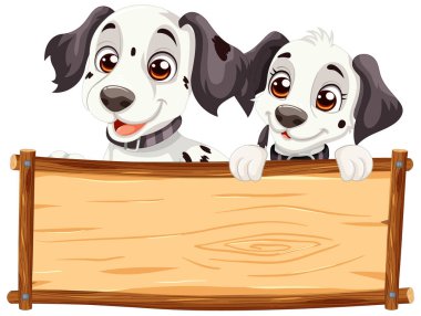 Two cartoon dogs peeking over a blank sign clipart