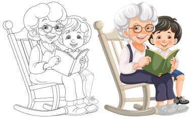 Renkli ve çizgi çizgisi olan bir büyükanne ve çocuk kitabı..