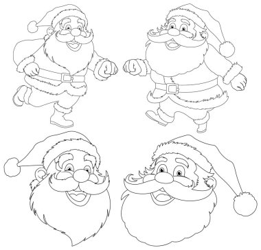Boyama için dört neşeli Noel Baba çizimi.