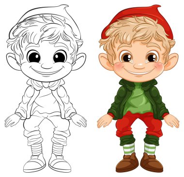 Bir elfin temsili, renkli ve çizgi sanatı.