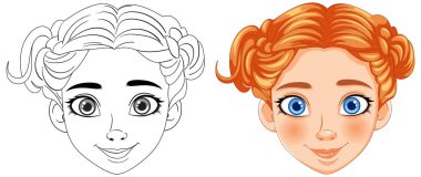 Renklendirmeden önce ve sonra bir kızın yüzünün vektör çizimi.