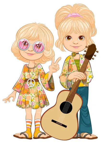 Niños Dibujos Animados Moda Hippie Retro Con Guitarra — Vector de stock