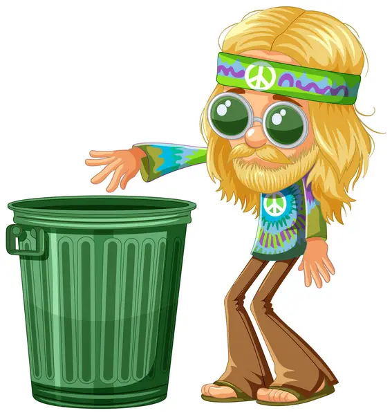 Cartoon Hippie Character Next Green Trash Can — Stock Vector