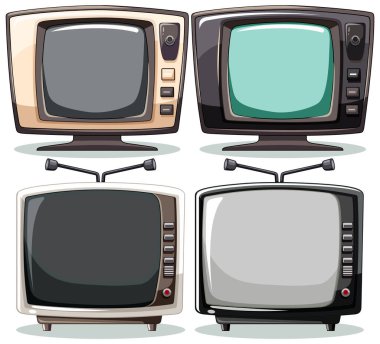 Farklı ekran renklerine sahip dört retro televizyon.
