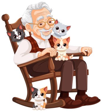Dört sevimli kediyle gülümseyen yaşlı bir adam.