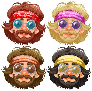 Bandanalı ve yuvarlak gözlüklü dört resimli yüz..