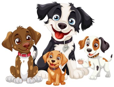 Dört sevimli animasyon köpek birlikte gülümsüyor.
