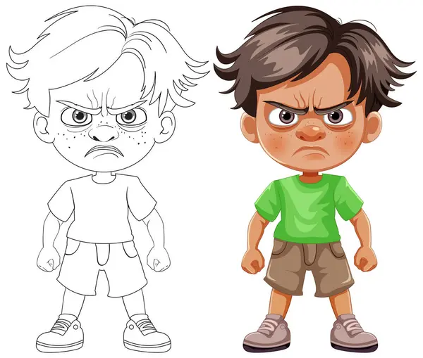 Two Cartoon Boys Angry Expressions Standing — Stock Vector