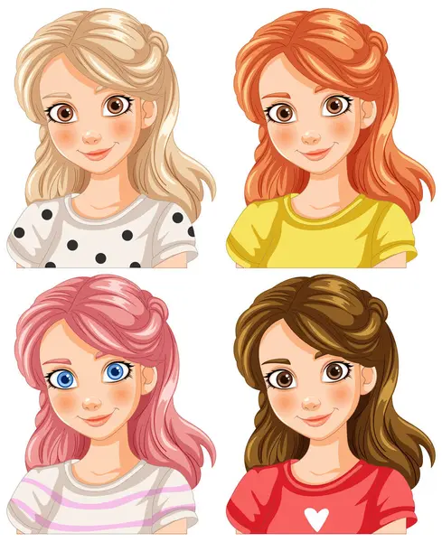 Four Illustrated Girls Different Hairstyles Outfits — Stock Vector