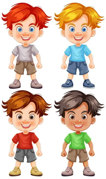 Чотири Веселих Мультиплікаційних Хлопчики Стоять Посміхаються Ліцензійні Стокові Вектори