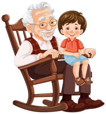 Yaşlı adam ve genç çocuk sallanan sandalyede gülümsüyor..