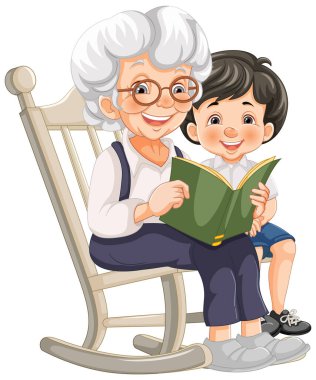 Yaşlı kadın ve çocuk birlikte kitap okuyorlar.
