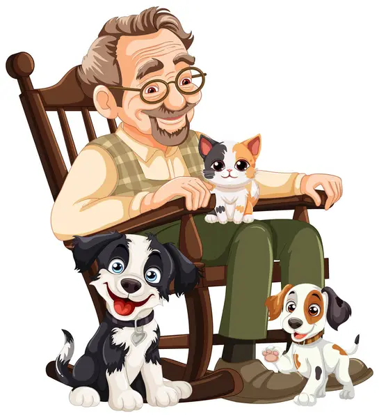 Glimlachend Senior Met Twee Honden Een Kat Rechtenvrije Stockillustraties
