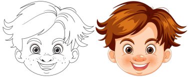 Mutlu bir çocuğun renkli ve çizgi çizgisi çizimleri.