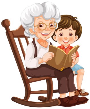 Yaşlı bir kadın ve çocuk birlikte kitap okuyorlar.
