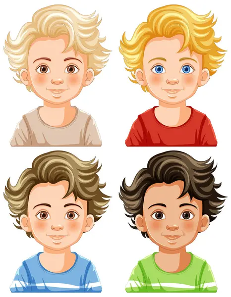 四个穿着不同发型和衬衫的男孩 免版税图库矢量图片