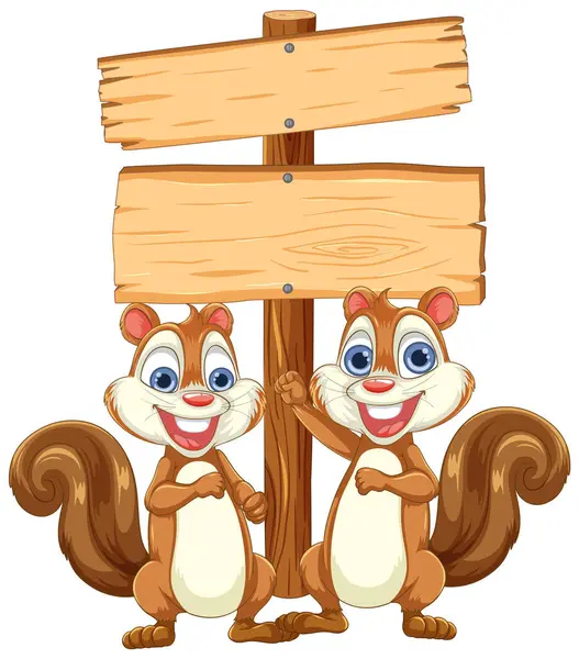 Zwei Glückliche Eichhörnchen Mit Einem Leeren Holzschild — Stockvektor