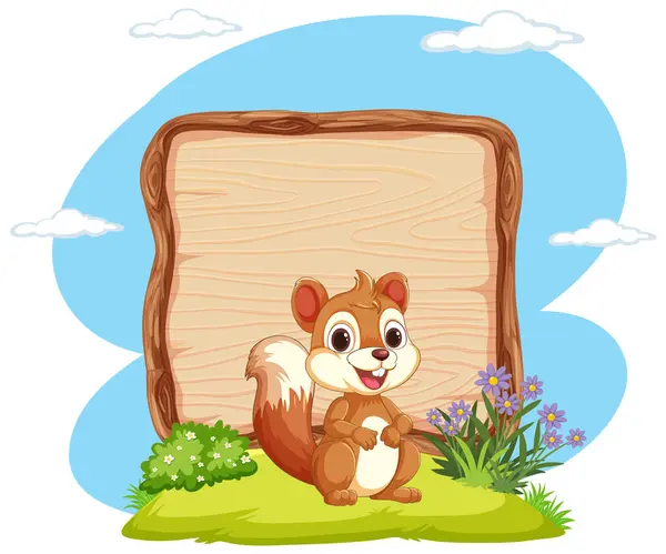 Sarjakuva Orava Vieressä Tyhjä Puinen Merkki — vektorikuva