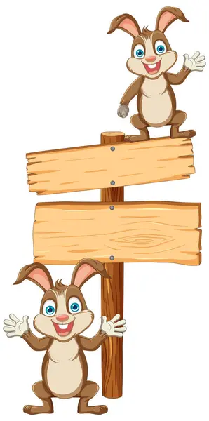 Two Happy Rabbits Presenting Empty Signboard — Stock Vector