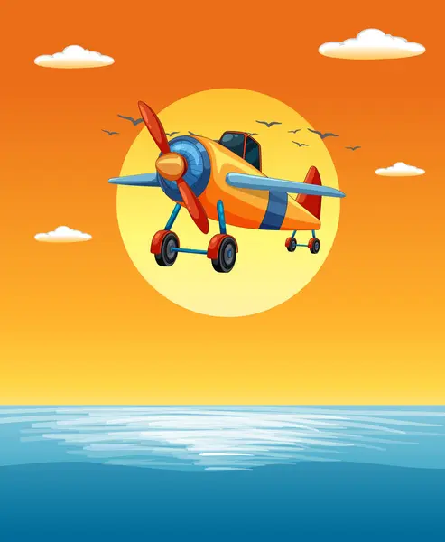 Avião Antiquado Colorido Acima Mar Tranquilo Ilustrações De Stock Royalty-Free