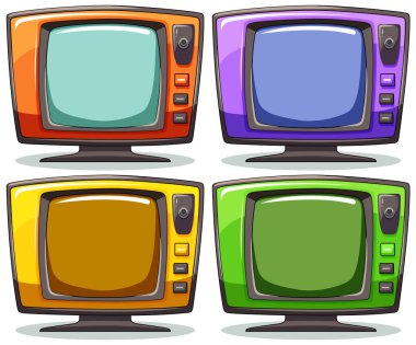 Canlı renkli ekranlı dört eski televizyon.