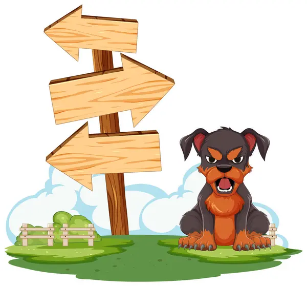 Cartoon Dog Sitting Directional Wooden Signs — Stock Vector