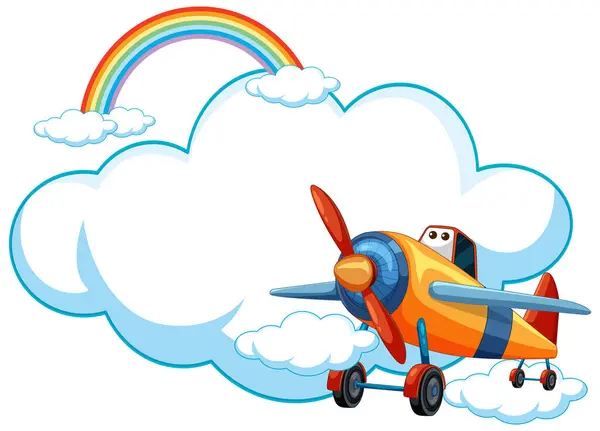 在充满活力的彩虹附近飞行的卡通飞机 矢量图形