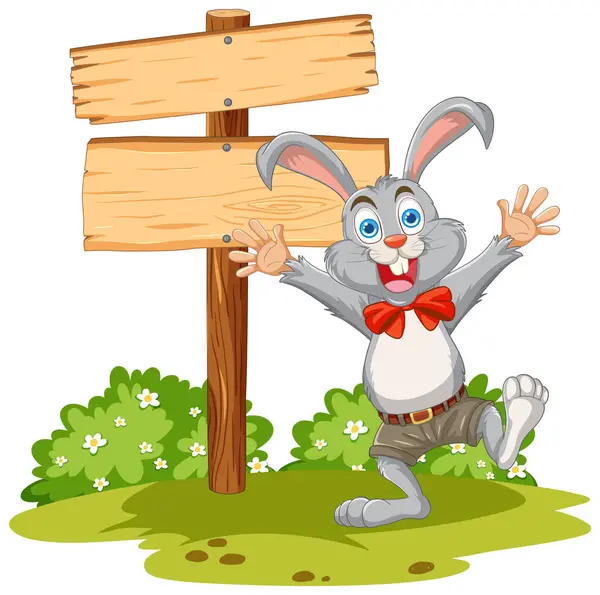 Happy Cartoon Rabbit Standing Signpost lizenzfreie Stockvektoren