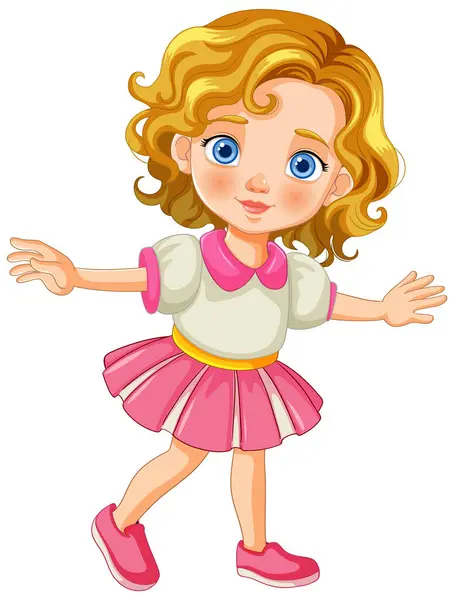 一个穿着粉红裙子跳舞的快乐姑娘的漫画 图库插图
