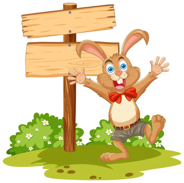 Happy Cartoon Rabbit Standing Signpost lizenzfreie Stockillustrationen