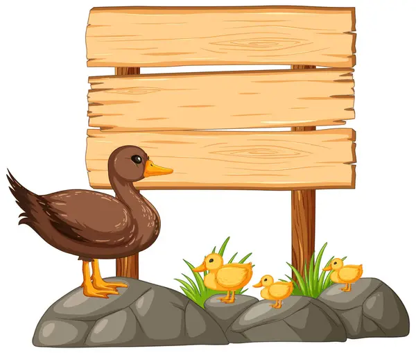 Karikatur Enten Neben Einem Leeren Holzschild lizenzfreie Stockvektoren